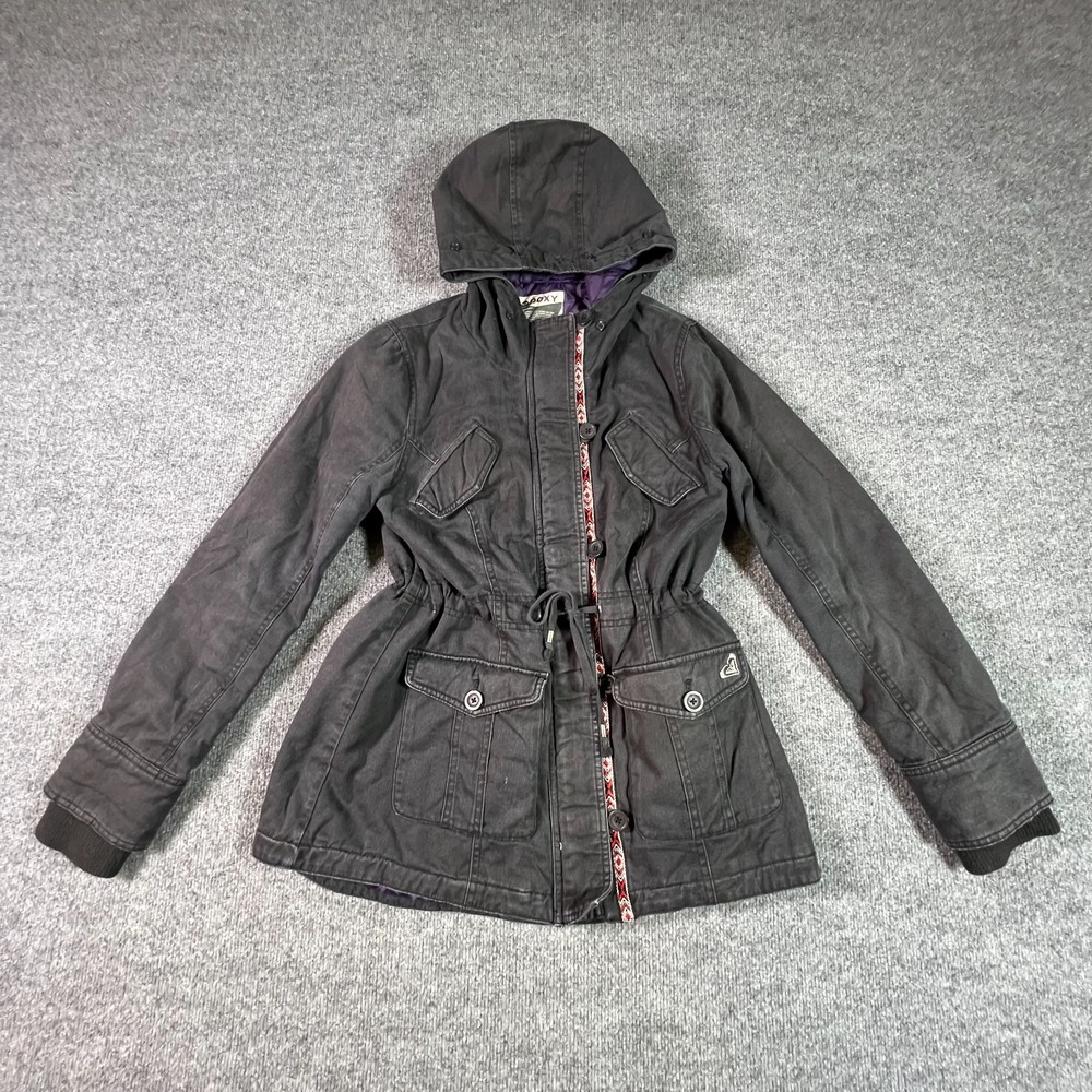 Roxy Utility Jacket Women L Black Cotton Twill Workwear Travel Streetwear Zip-Up